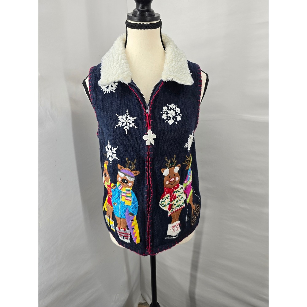 White Stag Womens Navy Reindeer Winter Sports Christmas Sweater Vest Medium 8/10